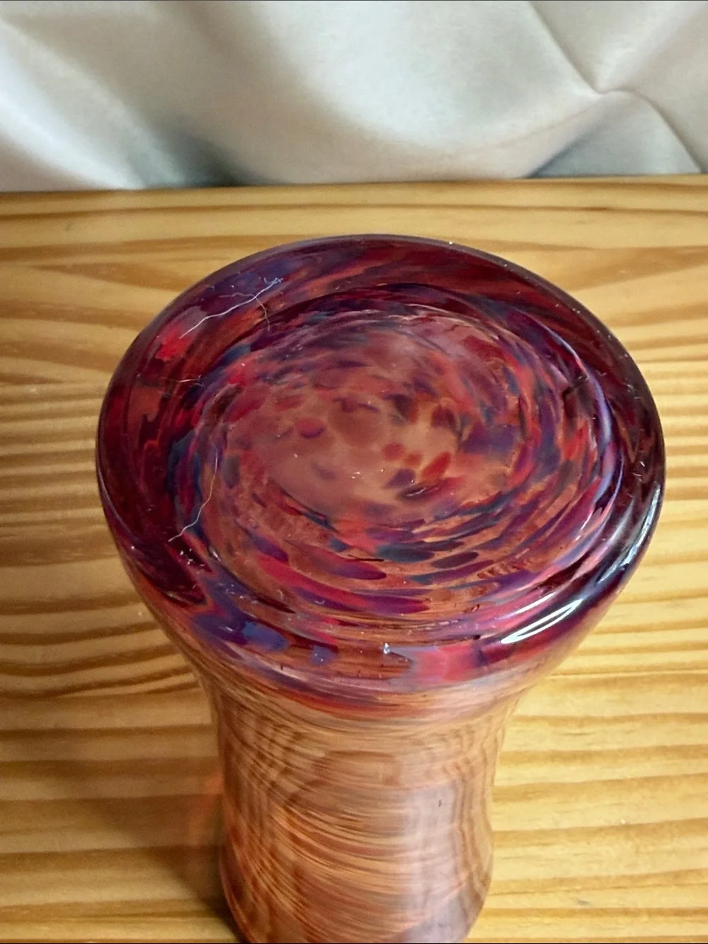 Vintage Studio Art Glass Flared Vase Red Orange Purple Woven Swirl 7.5